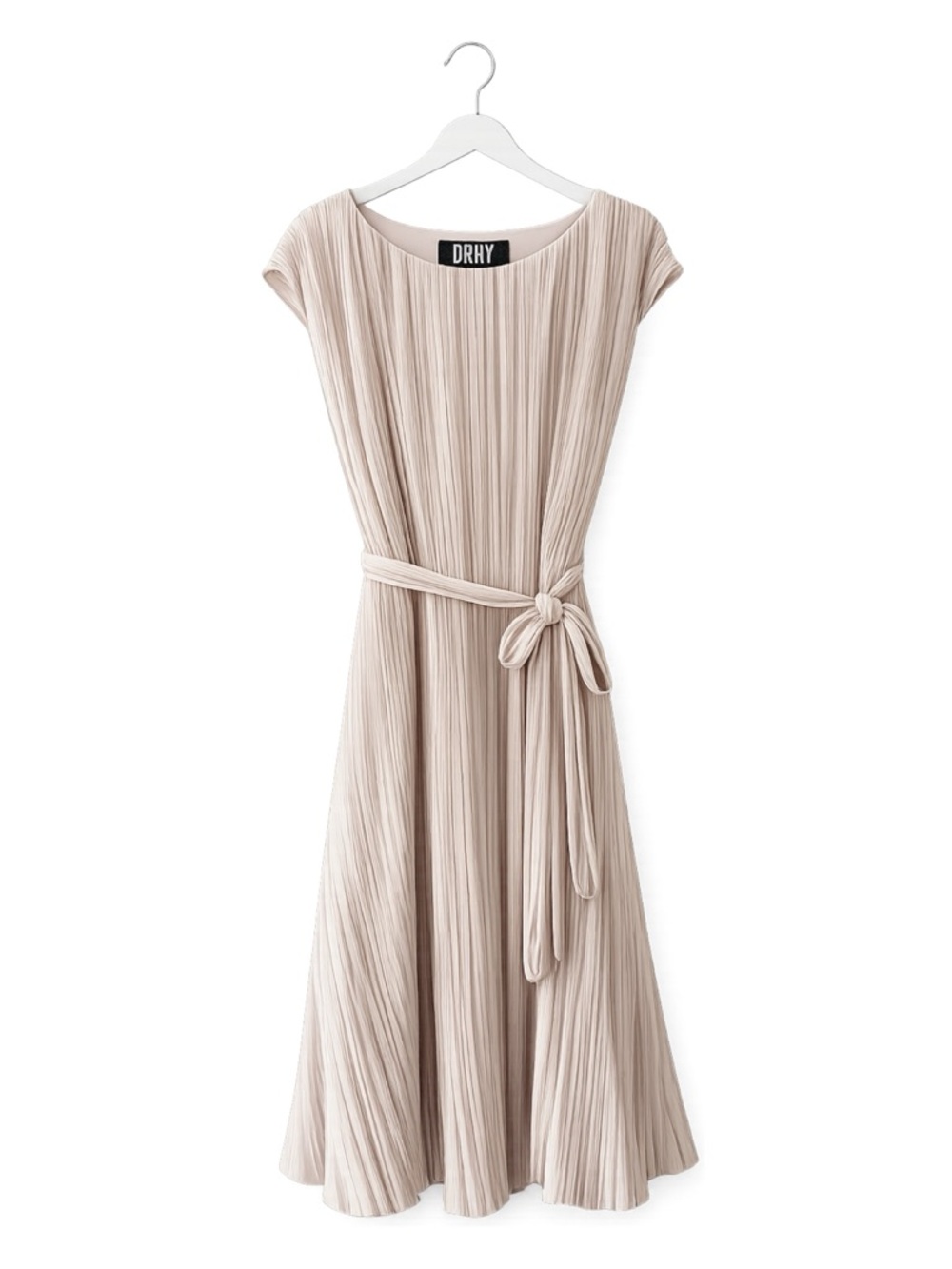 Beige Pleated Belted Midi Dress
